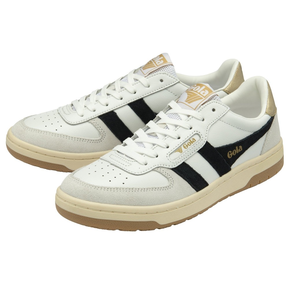 Gola Hawk Leather Sneakers White Black Gold Retro Court Shoes CLB336 Womens 7